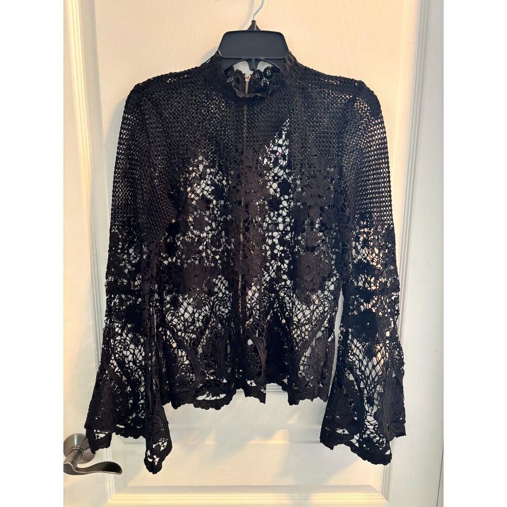 Project Runway Blouse Black Crochet/Lace Bell Sleeves Back Zip X-small NWT